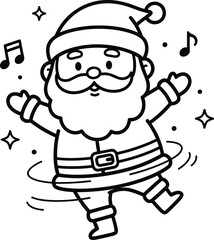 Joyful cartoon santa claus dancing merrily with musical notes and sparkles