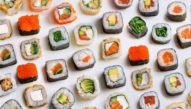 various sushi and maki rolls arranged on a light background for seamless pattern backdrop food and meal concept