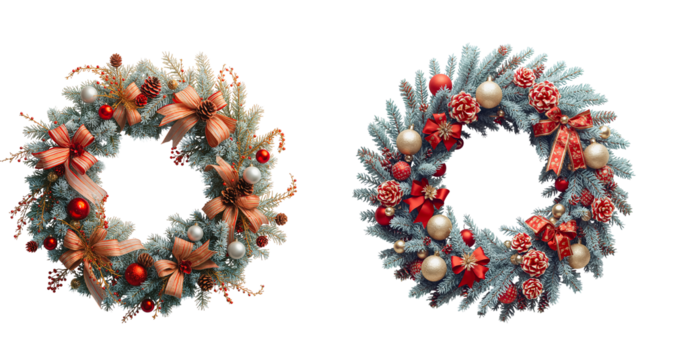 Beautiful Christmas wreath made from a Christmas tree with balls isolated on transparent background
