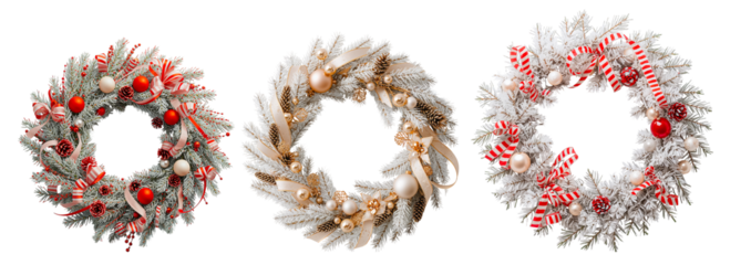 Beautiful Christmas wreath made from a Christmas tree with balls isolated on transparent background