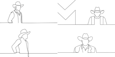 A group of Man in cowboy hat one continuous line art, Vector illustration, One line art, Line art graphic style