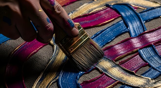 Artista femenina trabaja en pintura al &oacute;leo abstracta, moviendo el pincel en&eacute;rgicamente y crea una obra maestra moderna.
 Estudio creativo oscuro donde hay grandes lienzos sobre caballete iluminados.
