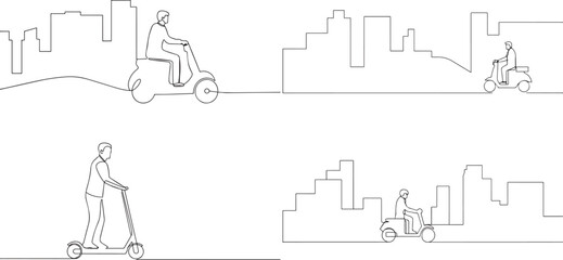 A group of Man riding scooter one continuous line art, Vector illustration, One line art, Line art graphic style © 99 vector art