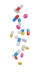3D rendered assortment of colorful capsules and pills on transparent background. 3d render. PNG. Tablets, medicine concept. For health, pharmacy, wellness, or pharmaceutical advertising and design.