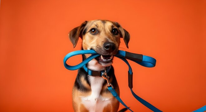 Concepto de sesi&oacute;n de perros con un perro feliz y activo sosteniendo una correa para mascotas en la boca listo para salir a caminar