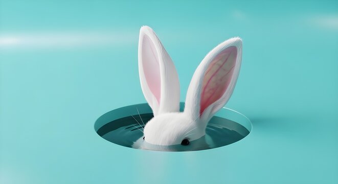 Oreja de conejo blanca sobre fondo azul pastel.
 D&iacute;a de Pascua.
 representaci&oacute;n 3d