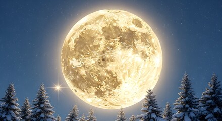 christmas Bright full moon illuminates snowy pine forest under starry night sky