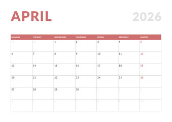 Monthly page Calendar Planner Template design of April 2026. Vector layout of calendar with week start Monday for Scheduling. Page for size A4 or 21x29.7 cm