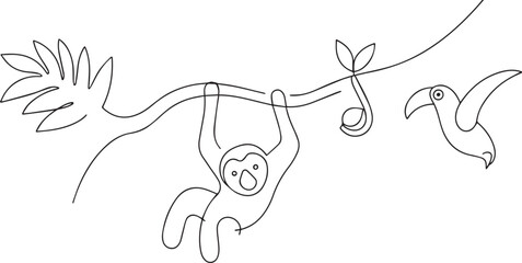 Monkey hanging one continuous line art, Vector illustration, One line art, Line art graphic style