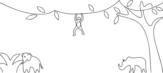 Monkey hanging one continuous line art, Vector illustration, One line art, Line art graphic style