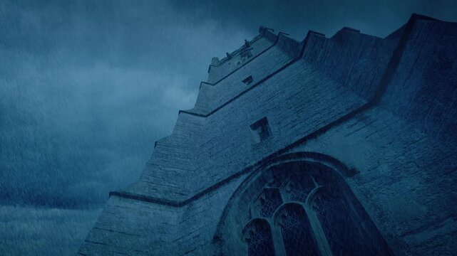 Looking Up At Medieval Tower In The Rain