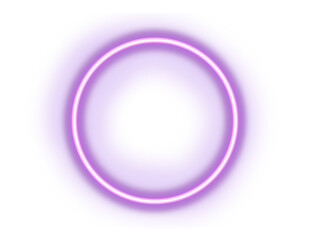 Fototapeta premium Glowing purple neon circle frame on transparent background. PNG file. Banner design. Retrowave, synthwave, vaporwave illustration. Party and sales concept.