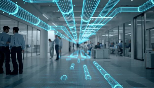 A futuristic representation of piping systems in a modern office, showcasing a digital overlay of engineering designs and professionals in the background.