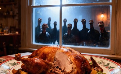Thanksgiving dinner with a spooky twist: Turkeys stare through the window