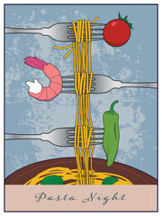 Pasta is displayed on forks with food.