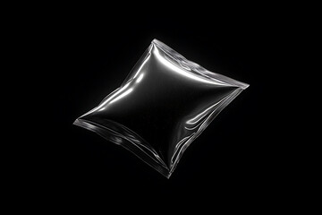 futuristic packaging design, shiny metallic packaging with transparent, distorted design and neon highlights on a black background for a retro-futuristic, sci-fi vibe