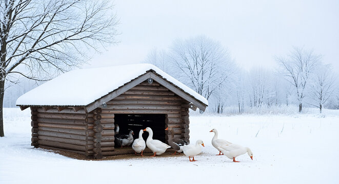 Geese sheltering in wooden house during snowy winter landscape  