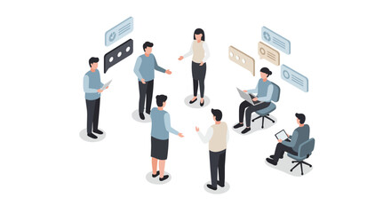Obraz premium Isometric office team collaboration meeting with speech bubbles