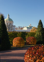 Autumn landscape with the Grand Menshikov Palace in Oranienbaum park, trimmed bushes, and bright foliage under clear blue sky.