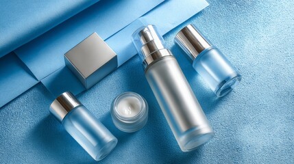Cosmetic essence, foam, and toner boxes. Premium skin care bottles on blue paper background.