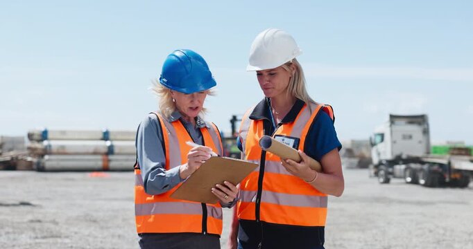Women, clipboard and logistics at shipping yard for inspection, distribution and track cargo. People, team and checklist for shipment schedule, inventory and supply chain for freight at industry port