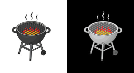 Isometric bbq grill with flames on white and black background