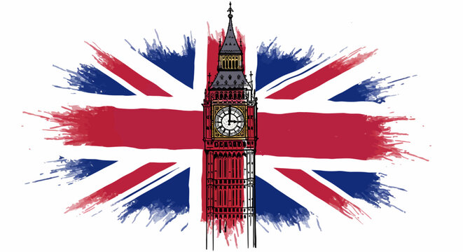 Iconic big ben with splash art of the united kingdom flag background