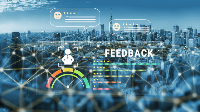 A system for collecting customer feedback and measuring service quality. A dashboard with user reviews, ratings, and a satisfaction meter. Motif