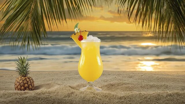 A vibrant, frosty yellow tropical beverage, adorned with a fresh pineapple wedge and a bright red cherry, sits serenely on a sun-kissed sandy beach. A whole, ripe pineapple rests beside the elegant gl