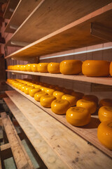 Wooden shelves with hard matured cheese from cow's milk at cheese factory in Holland