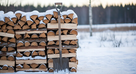 Stack of firewood covered in snow beside metal shovel outdoors  