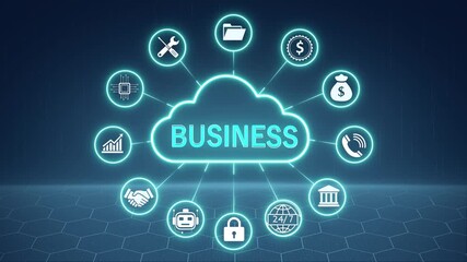 Neon cloud business network animation. Digital data connection interface. Futuristic technology communication system. Ai and cloud computing concept. Secure information and 4k animated motion video. - Powered by Adobe
