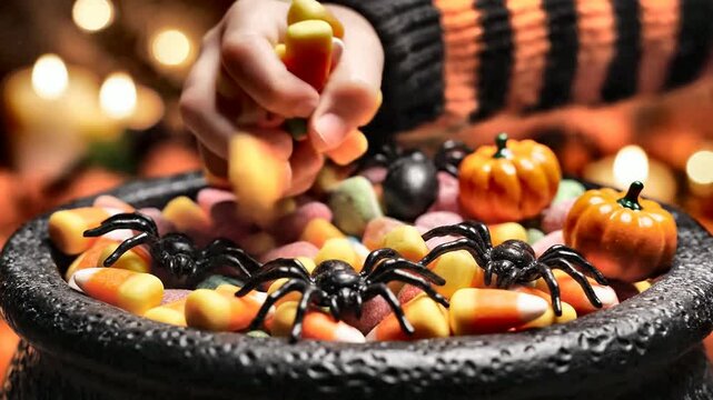 Child's hand reaching into a cauldron filled with Halloween candy corn and plastic spiders with blurred festive lights in the coloring page background