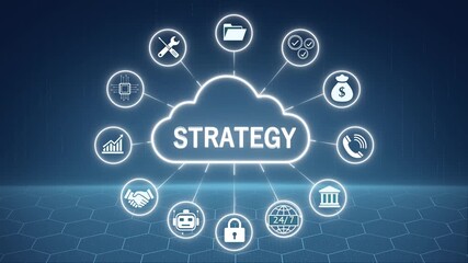 Neon cloud Strategy network animation. Digital data connection interface. Futuristic technology communication system. Ai and cloud computing concept. Secure information and 4k animated motion video - Powered by Adobe