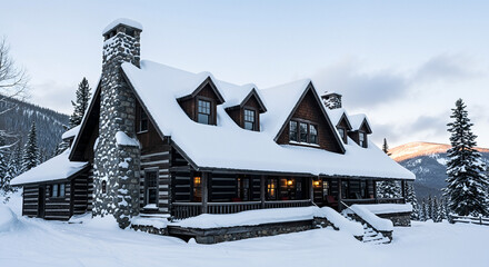 Naklejka premium Snow-covered rustic ski lodge with chimney in winter landscape 