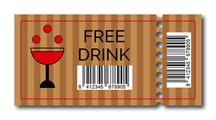 Vector illustration of a free drink coupon featuring a red wine glass icon, barcode, and modern striped background. Perfect for bar promotions, events, parties, and beverage marketing.