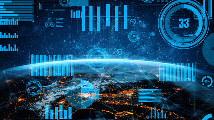 Dynamic view of Earth illuminated at night, enhanced with digital data overlays and graphs, representing a blend of technology, information, and global connectivity. Xenic