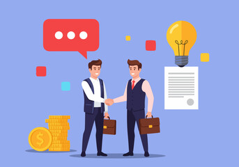 Two businessmen shaking hands to seal a successful business deal with icons representing agreement and ideas