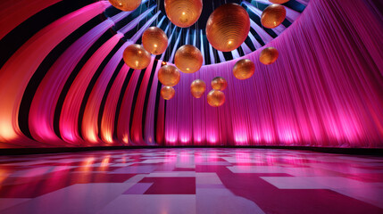 A room with a disco ball ceiling and pink curtains on the sides, creating an immersive visual experience