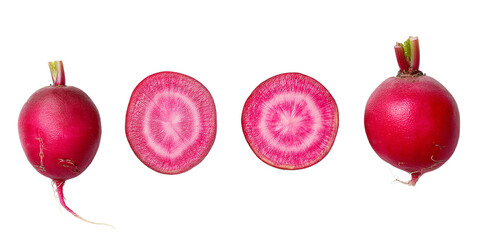 Bright pink radishes displayed whole and sliced, showcasing their vibrant colors and unique patterns from the farm market
