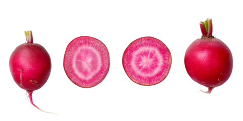 Bright pink radishes displayed whole and sliced, showcasing their vibrant colors and unique patterns from the farm market