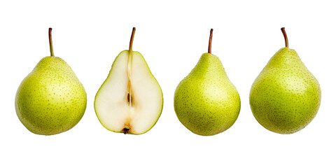 Fresh green pears showing whole and sliced fruit arranged on a white background
