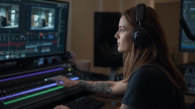Focused Female Video Editor and Colorist Working in Dark Post-Production Studio, Adjusting Footage on Computer Screen with Professional Control Pan...