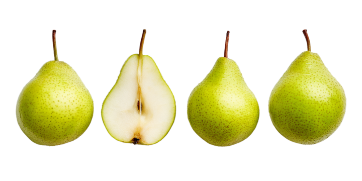 Fresh green pears showing whole and sliced fruit arranged on a white background