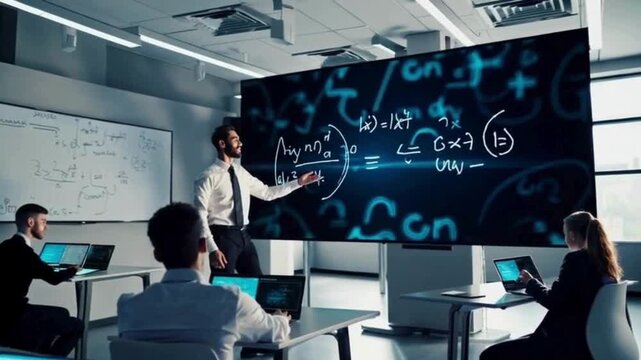 Teacher explaining equations on digital screen in modern classroom