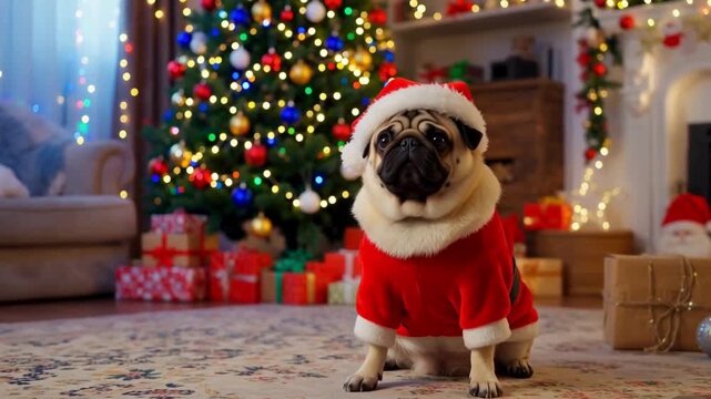 santa claus with a dog pug