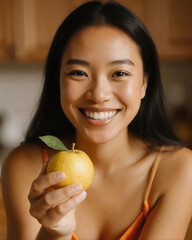 Smiling woman holding a yellow apple in a cozy kitchen