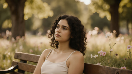 Young woman sitting on a bench in a sunlit park