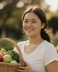 Woman smiling with a basket of fresh vegetables in a garden