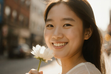 Young woman smiles while holding a flower in a city street